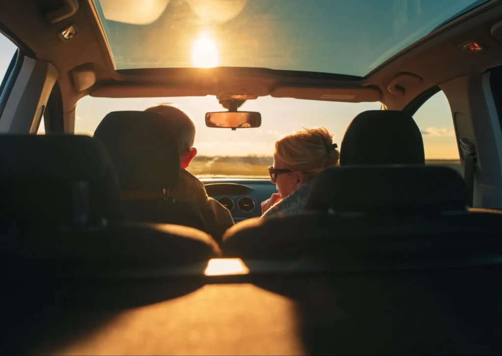 A couple in a car with sunset ahead