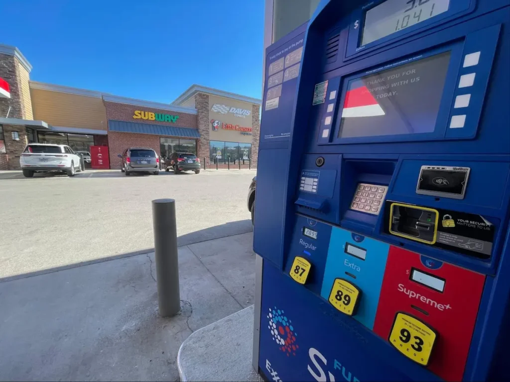 Close up of gas pump in front of Davis Express